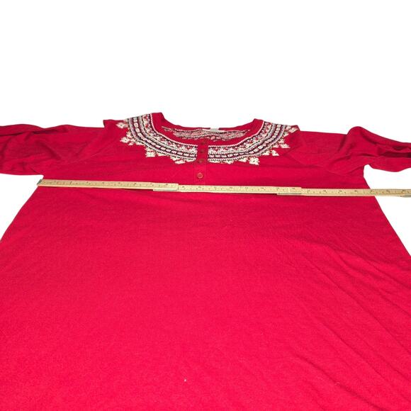 J Jill Women Medium Embroidered Henley Top Red Cotton Modal Casual Boho Festival - Picture 7 of 10